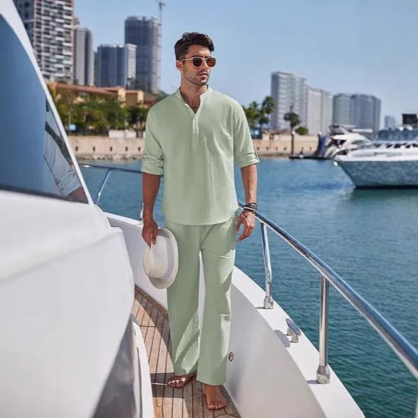 Men's casual cotton suit set with long sleeves and trousers in solid colour options