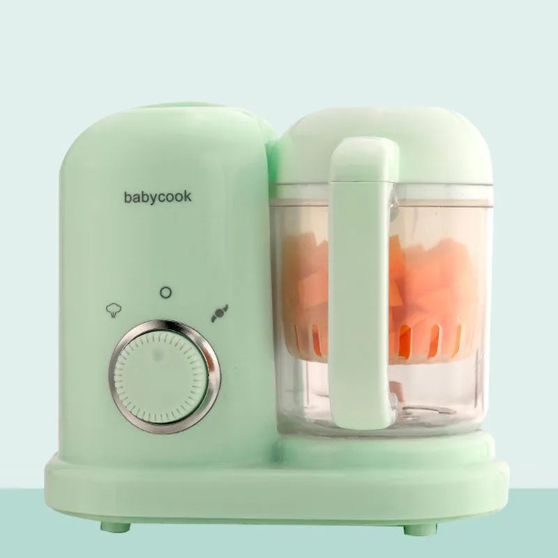 Baby food processor with steamer and blender functions in green or pink, showing 10-litre capacity and double mixing blades