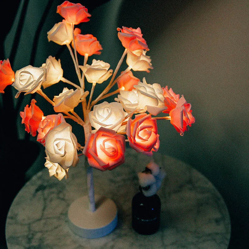 White and red rose flower shaped LED table lamp with bonsai tree garland lights, powered by battery or USB.