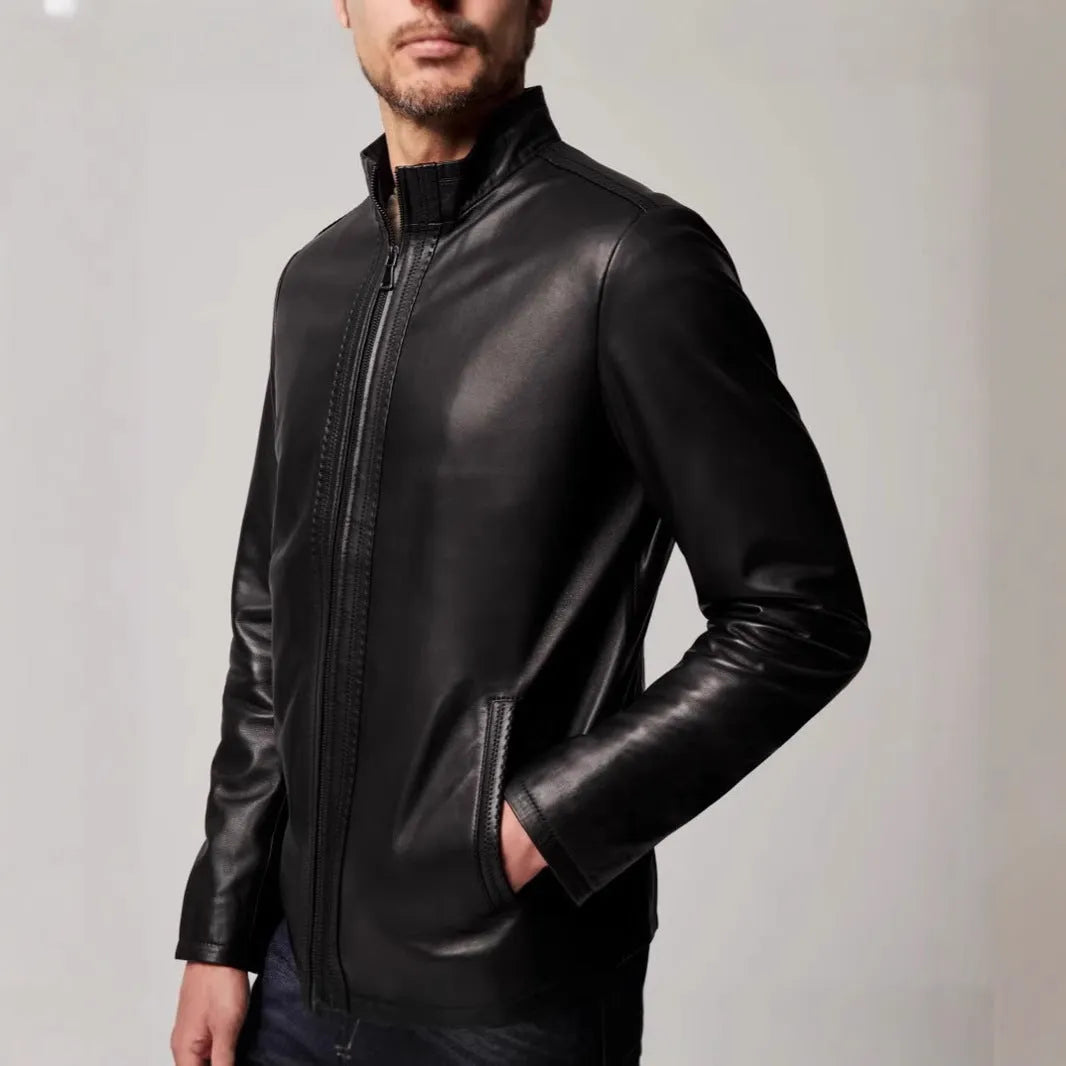 Men's black retro-style leather-look jacket with long sleeves and a straight hem