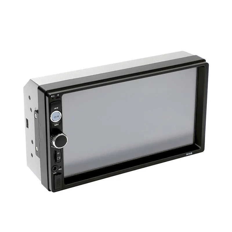 Black 7-inch car MP5 player with screen, USB and SD card slots, and remote control.