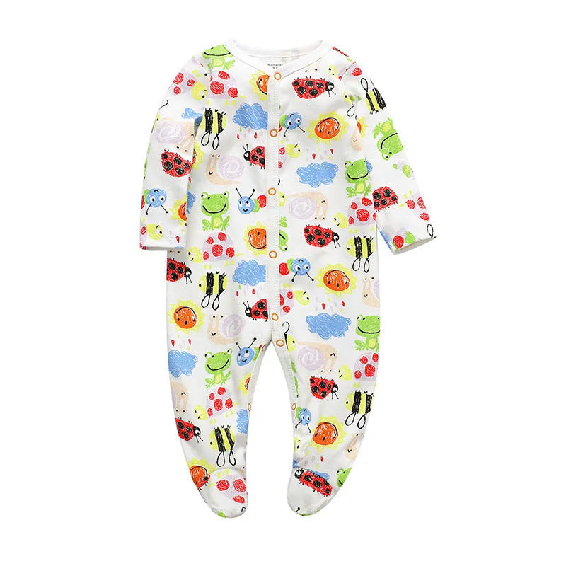 Cotton one-piece baby romper with long sleeves, shown in dinosaur print and other style options for 0-12 month infants.