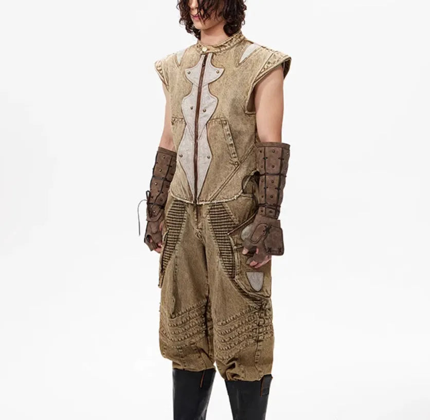 Korean style light denim pleated vest for men on a hanger, showing front detail.