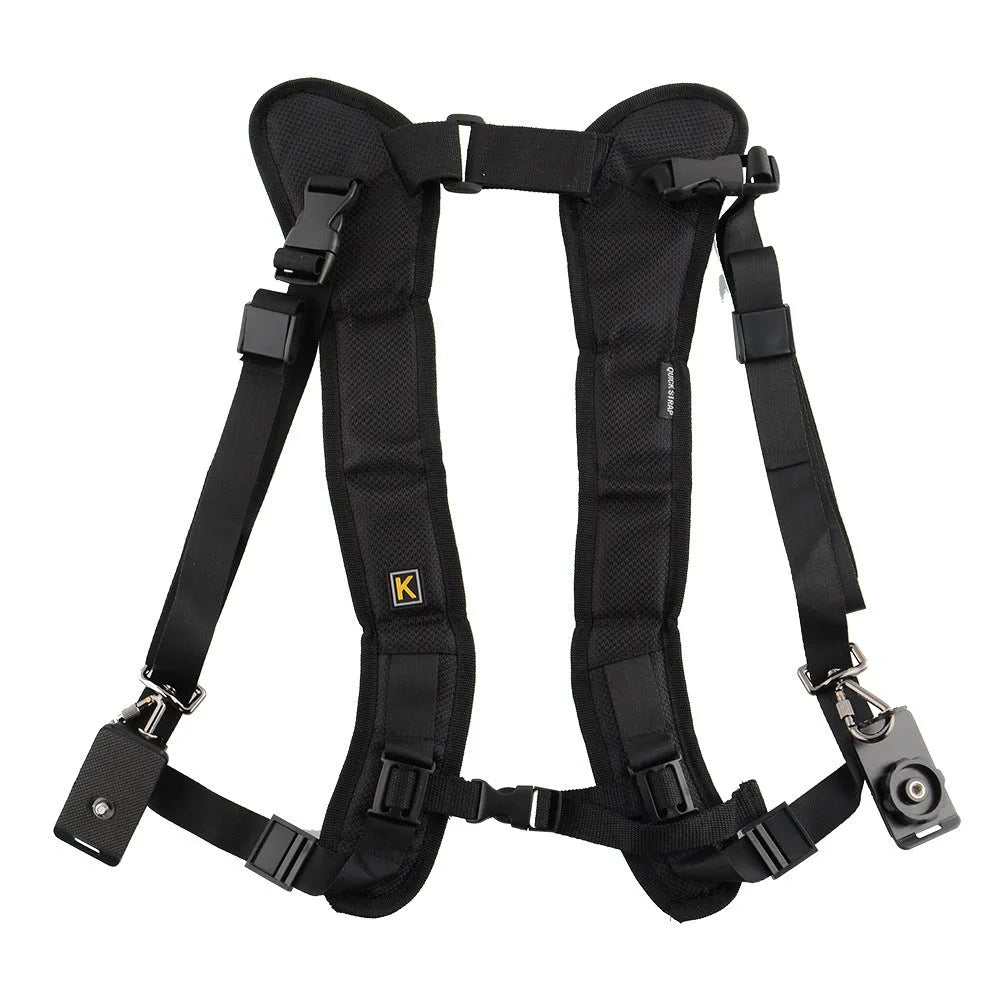 Professional SLR dual-camera strap with thick shoulder sponge padding and metal connectors for secure attachment
