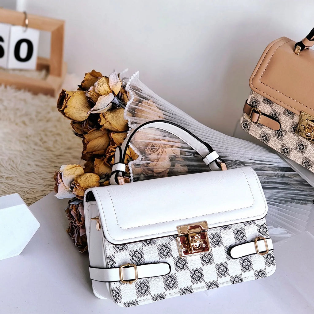 Retro small square pattern crossbody bag showing file bag interior and 19.5x7.5x12cm dimensions
