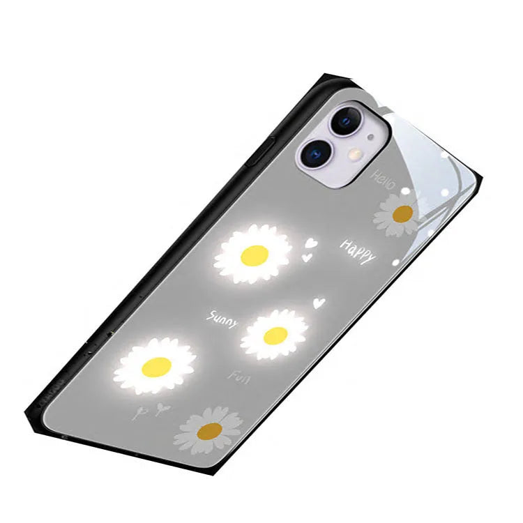 Luminous phone case with painted white daisy design and voice-activated colour light for Apple iPhone protection