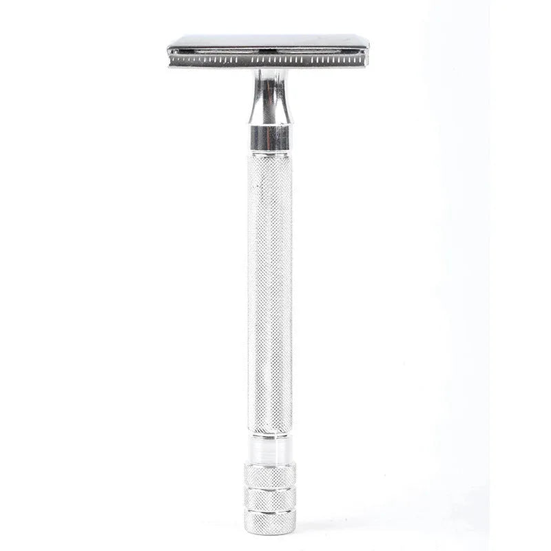 Old-fashioned manual pogonotomy metal scraper with brush set in black or silver colour