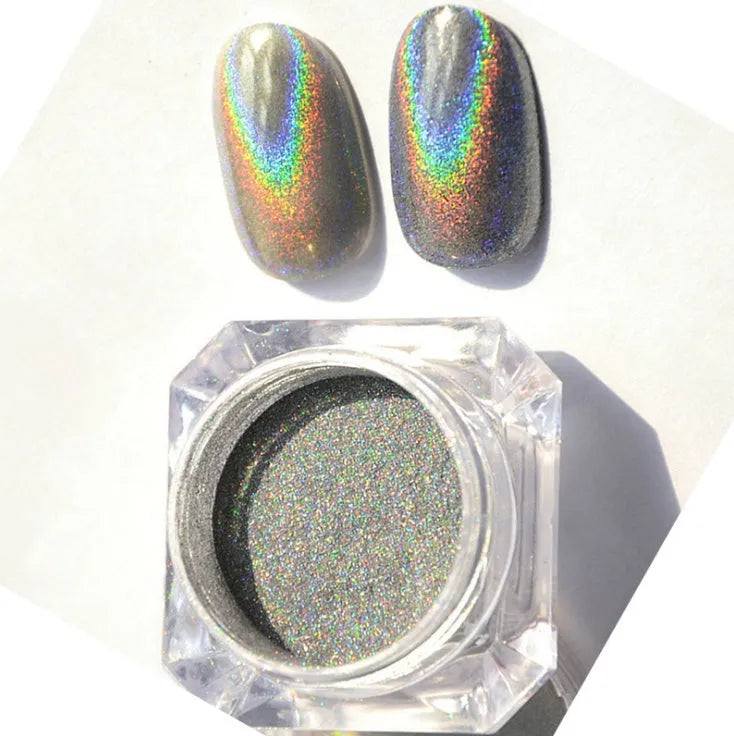 Silver nail rainbow powder laser mirror powder for UV gel nails with eyeshadow stick application and UV top coat sealing