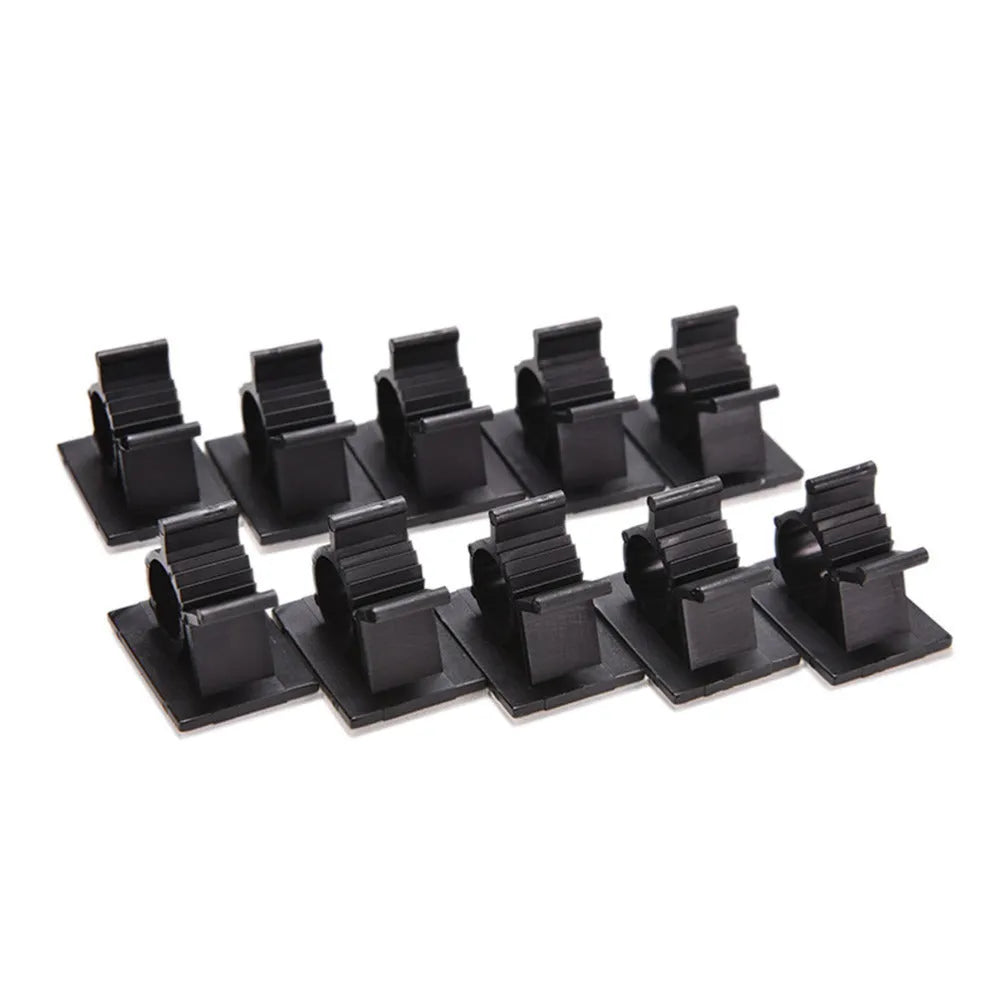 Ten black nylon adhesive cable clamps with two-stage lock for 13mm wires.