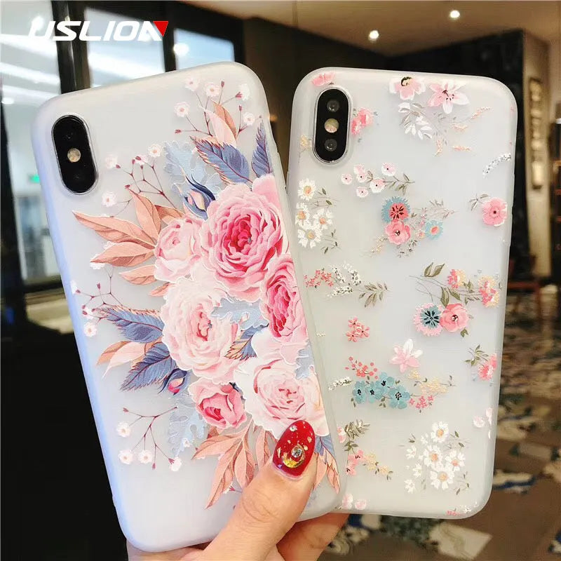 Gold foil broken flowers and fruits design on a flexible TPU iPhone back cover.