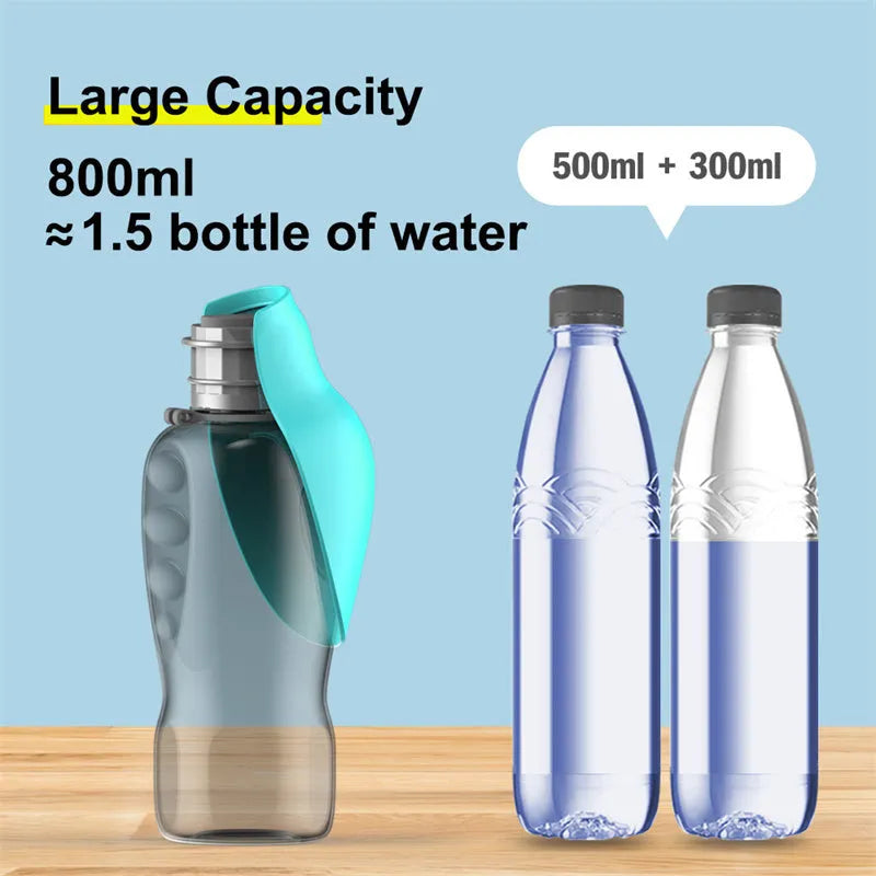 Blue grey portable dog water bottle with foldable drinking bowl extended, showing 800ml capacity.