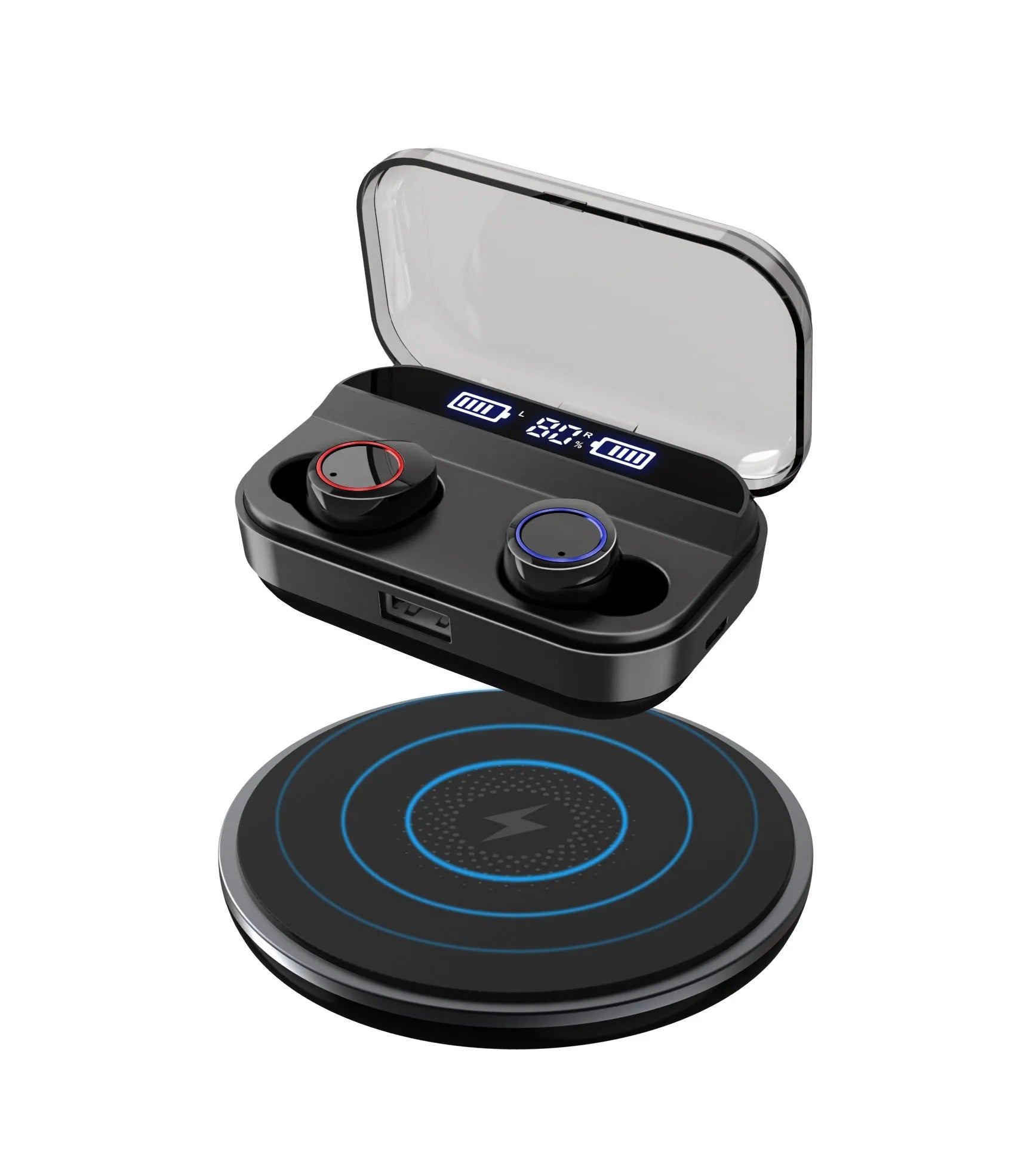 Black X11 Bluetooth wireless earbuds with charging case showing touch controls and included ear sleeves