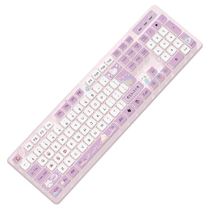 Milk tea rabbit cute chocolate keyboard in strawberry powder, ice blue, purple, green, or Iris tectorum Blue, wired or wireless.