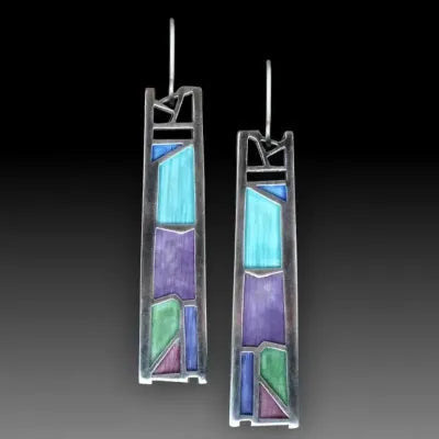 Silver drop-shaped women's earrings with irregular oil colour effect on alloy