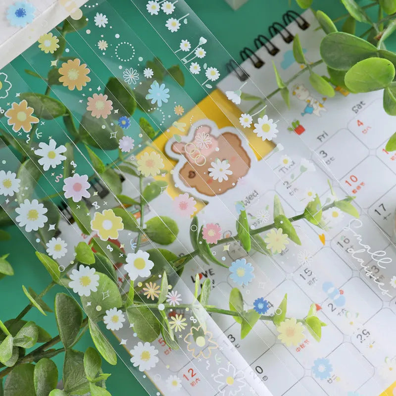 Five rolls of transparent adhesive tape with Midsummer Daisy decorative edge on clear PET polyester base