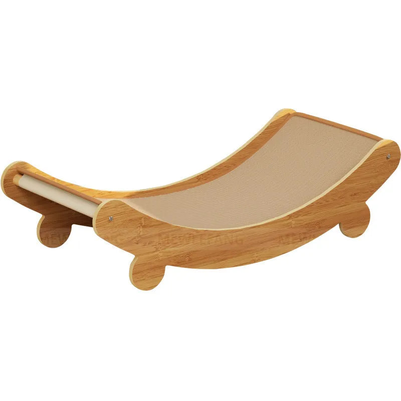 U-shaped sisal cat scratching board lounge chair in natural colour with cloth frame.