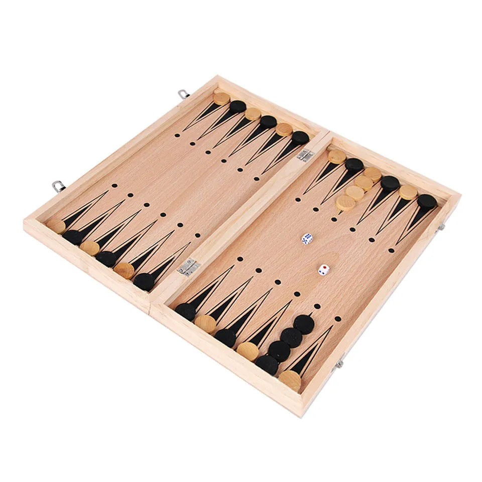 3 in 1 wooden chess checkers and backgammon travel board game set with five board sizes
