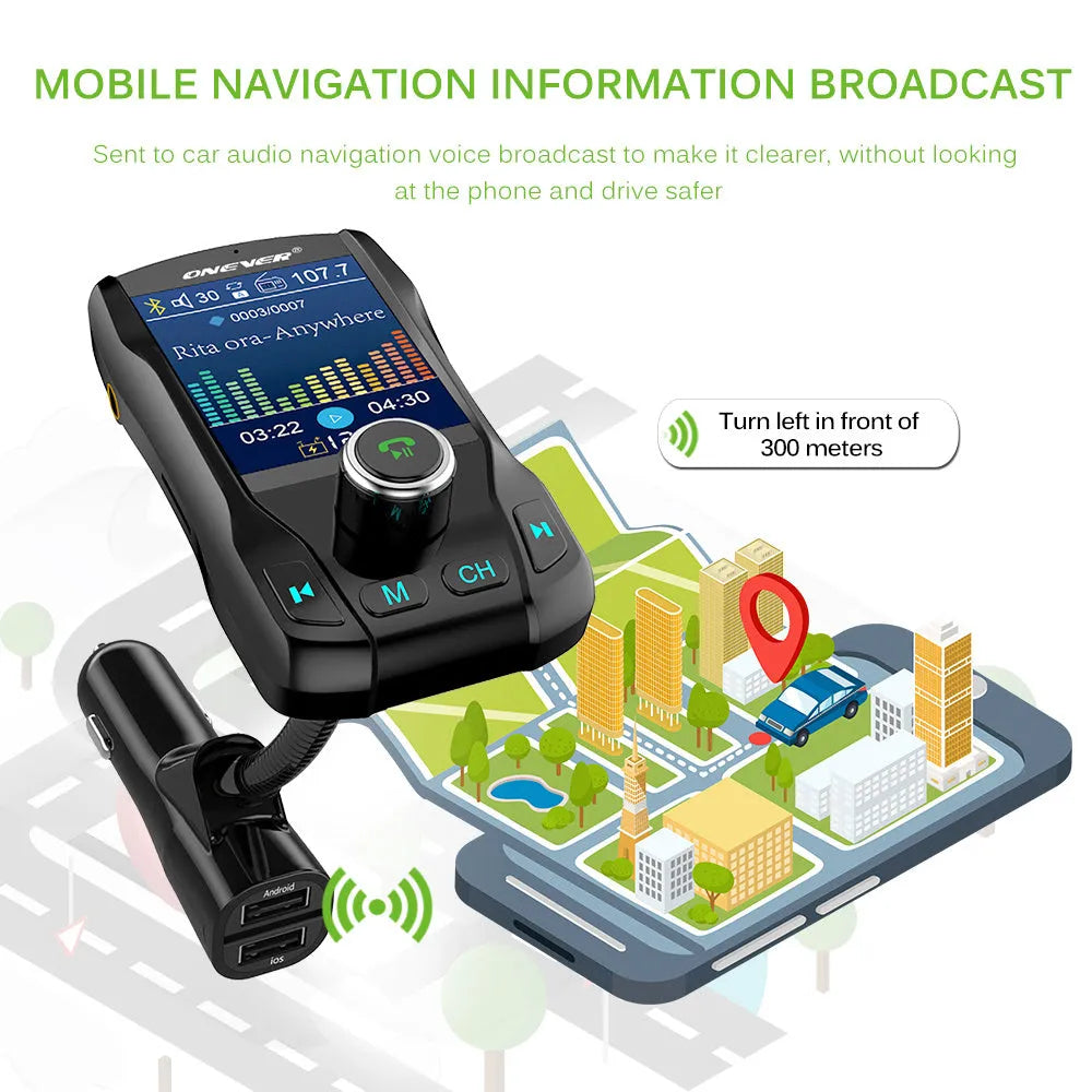 Car Bluetooth FM transmitter with colour screen plugged into car cigarette lighter