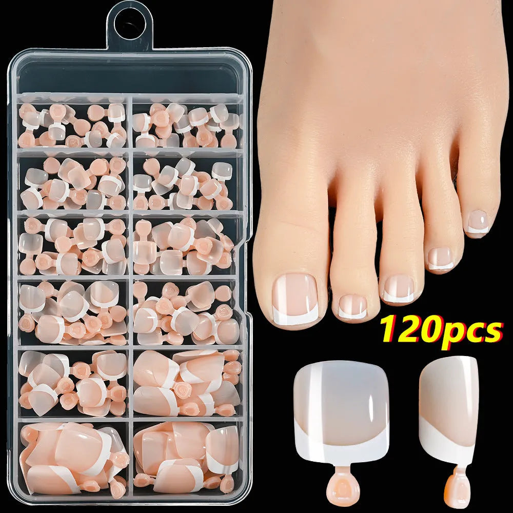 120 French white edge nude square short artificial toe nails in nine natural shades