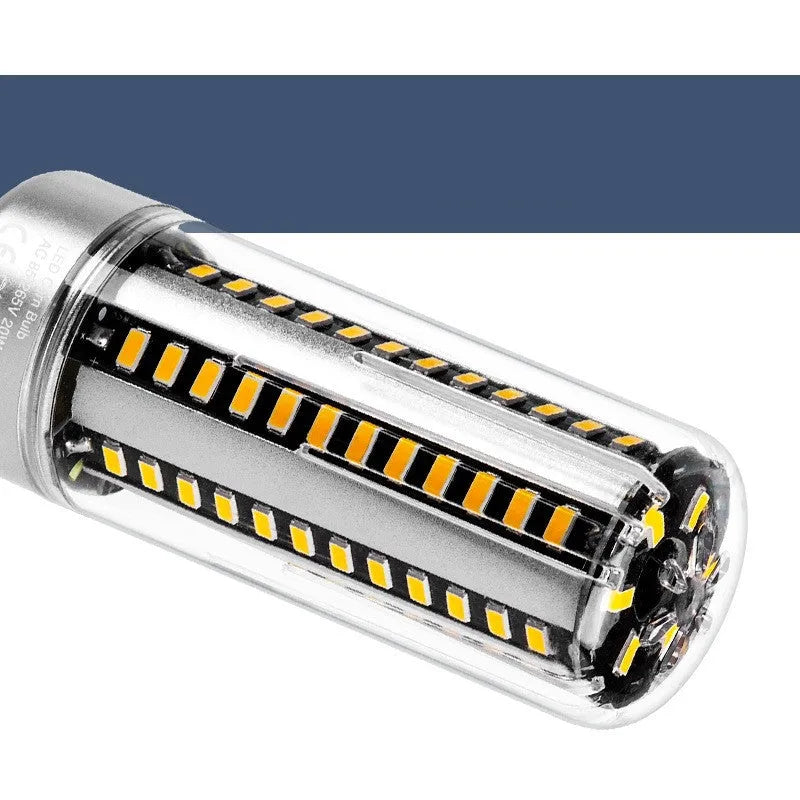 25W LED corn light bulb with aluminium heat sink fins, E27 base, shown in warm white and cool white.