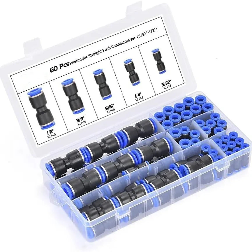 60-piece pneumatic push-in connector set with R1/4 and R1/2 interfaces in alloy plastic