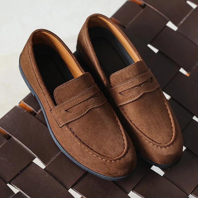 Men's square toe slip-on loafers in black velvet, dark blue, or dark brown, with low 1-3cm heel and platform sole.