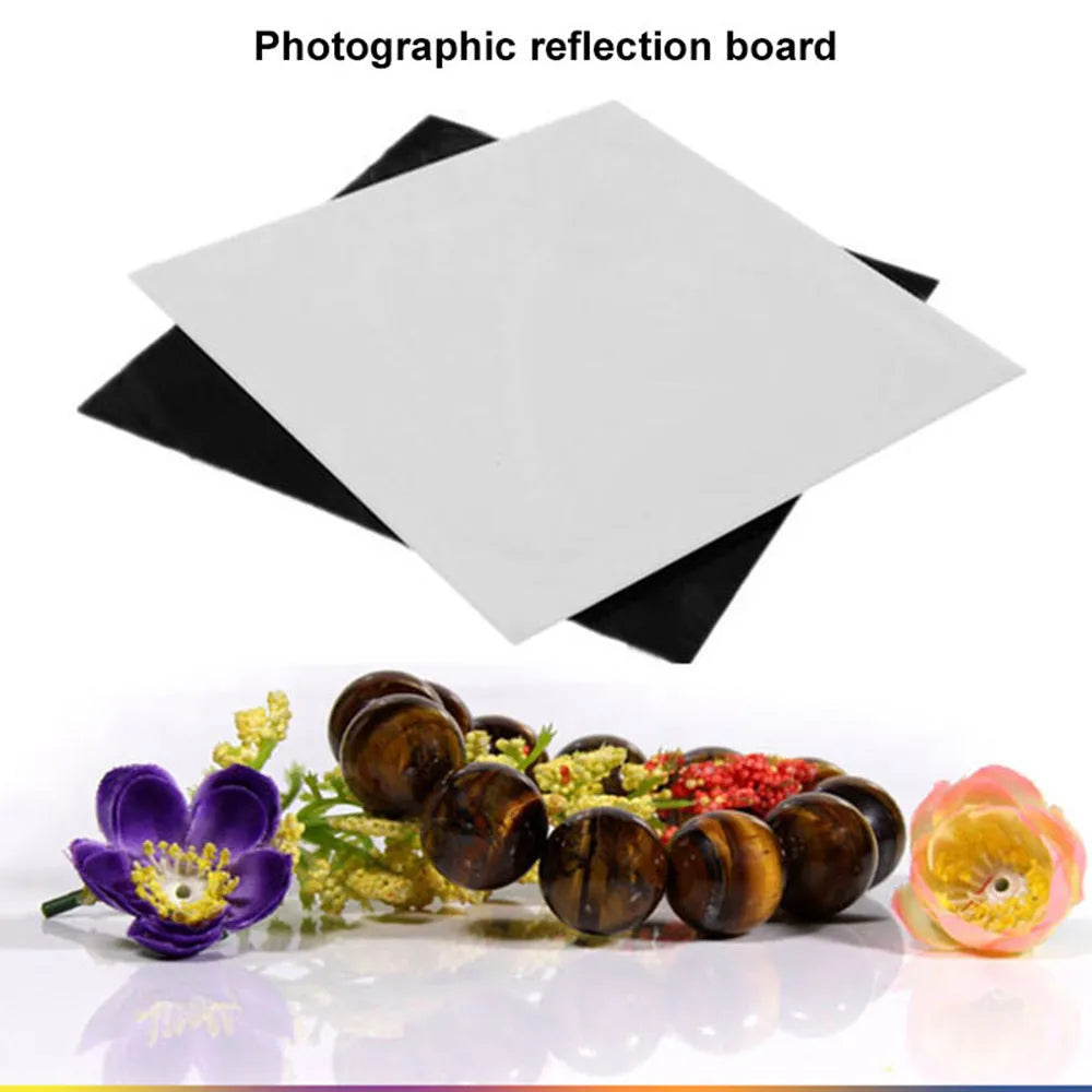 Black and white acrylic shooting reflection boards in three square sizes for jewellery photography