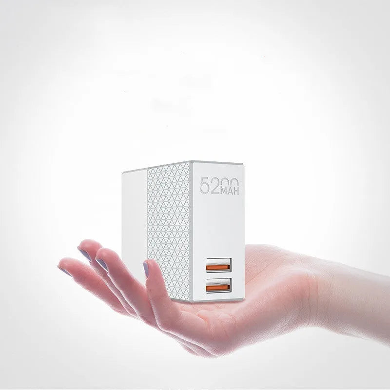 White two-in-one power bank charger with 5200mAh capacity and multiple plug standards