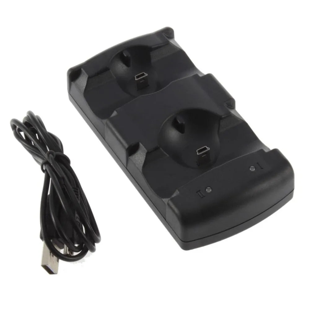 Black plastic PS3 dual USB charging dock holding two wireless controllers with included USB cable