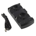 Black plastic PS3 dual USB charging dock holding two wireless controllers with included USB cable