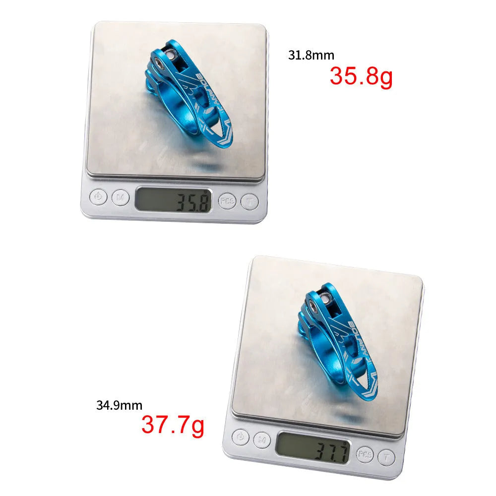 Aluminium alloy mountain bicycle seat post clamp in black, blue, gold, and red colour options.
