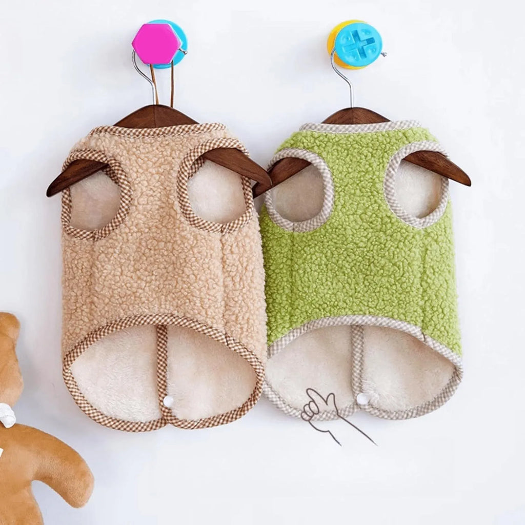 Green coral fleece dog vest with leash ring for small pets in autumn and winter