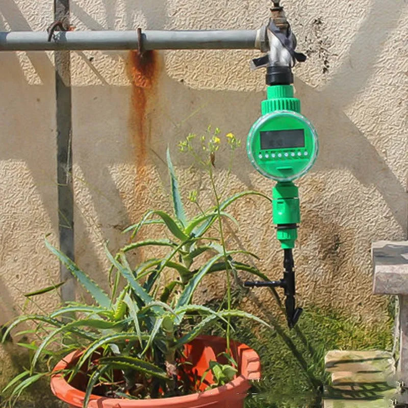 Green automatic watering timer device for drip irrigation systems with household water flow compatibility