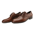 Men's black leather Derby shoes with pointed toe, handmade sewing details, and antiskid rubber sole