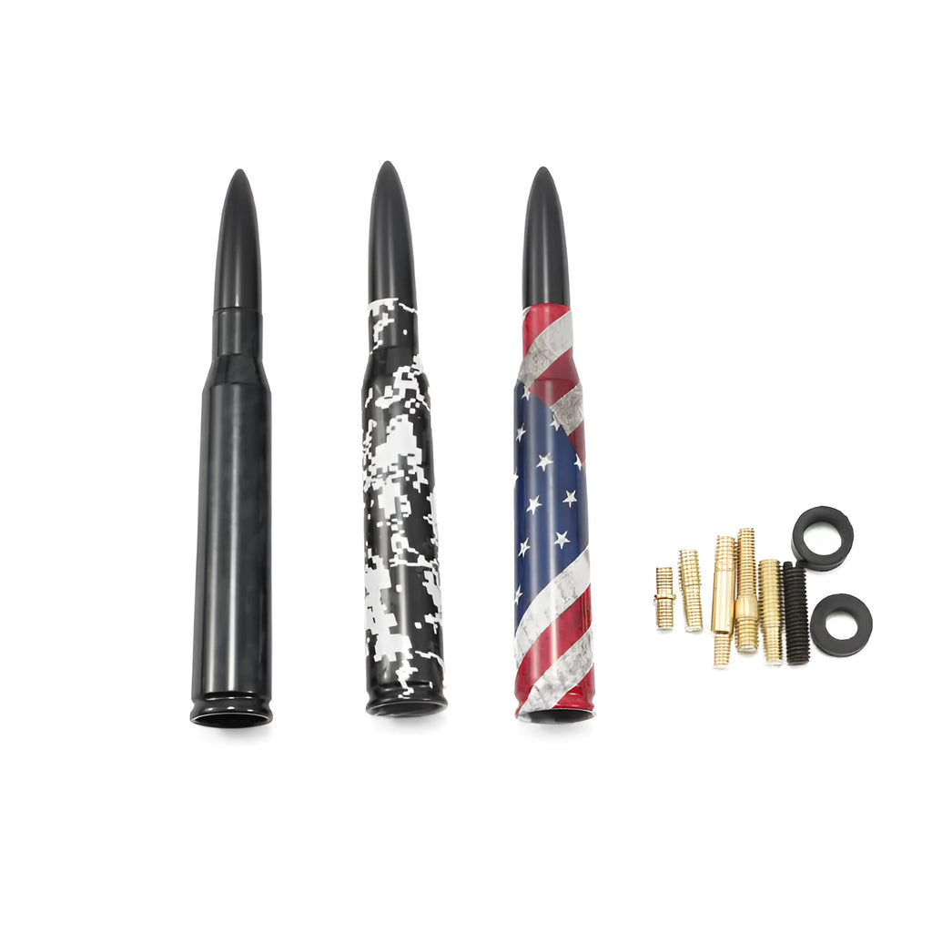 Universal 14cm car bullet antenna shown in black, camouflage green, and American flag designs.