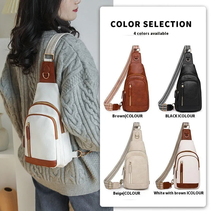 Women's soft PU chest bag in beige with open outer pocket and crossbody strap, showing sewing thread details