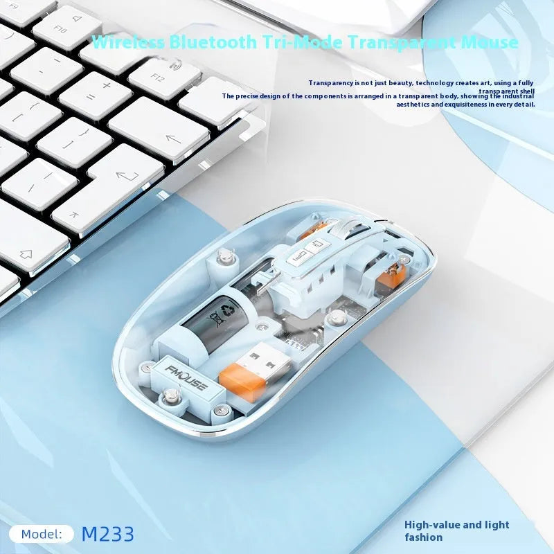Transparent wireless mouse in space blue colour with USB interface, showing compact 113mm design on a laptop