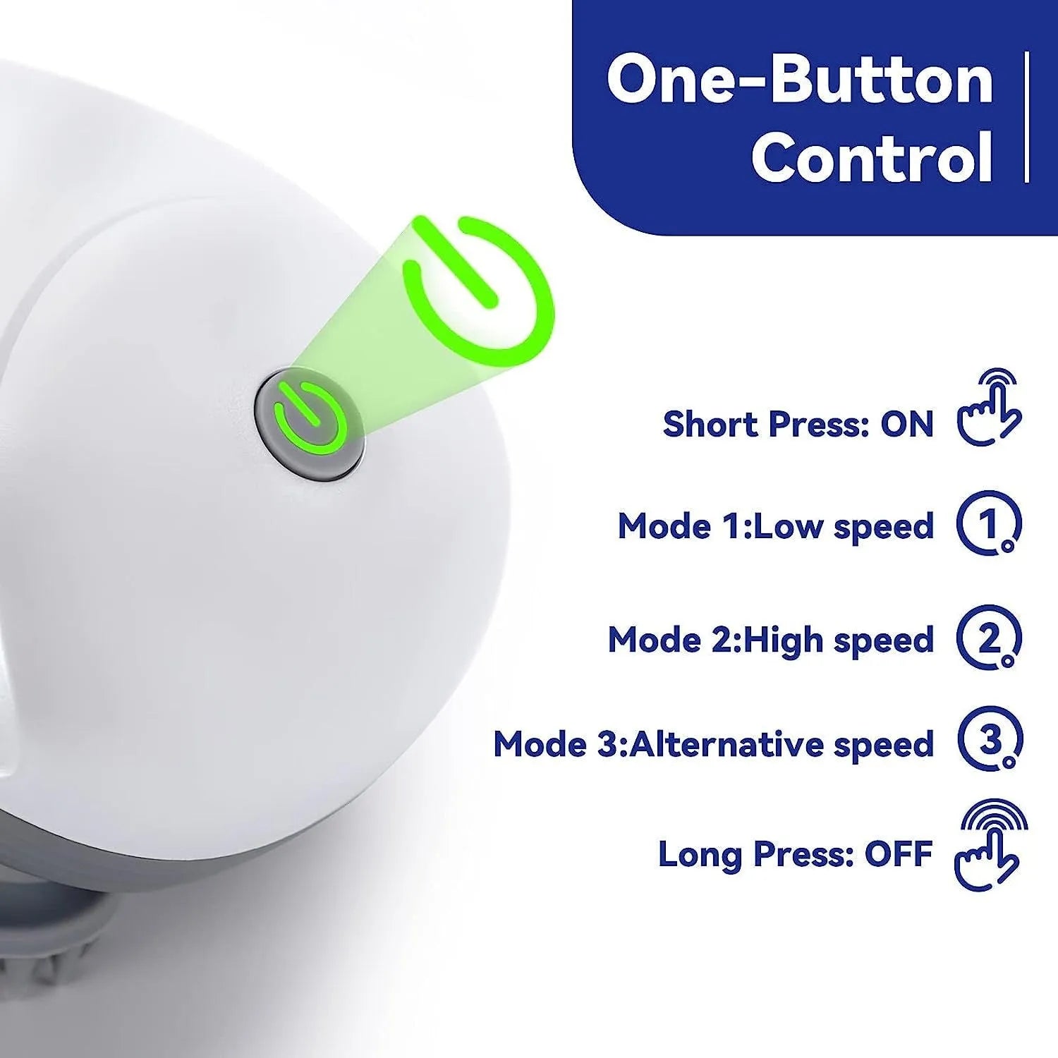 Blue handheld electric pet massager with rotating heads for cats and dogs on a grey background.