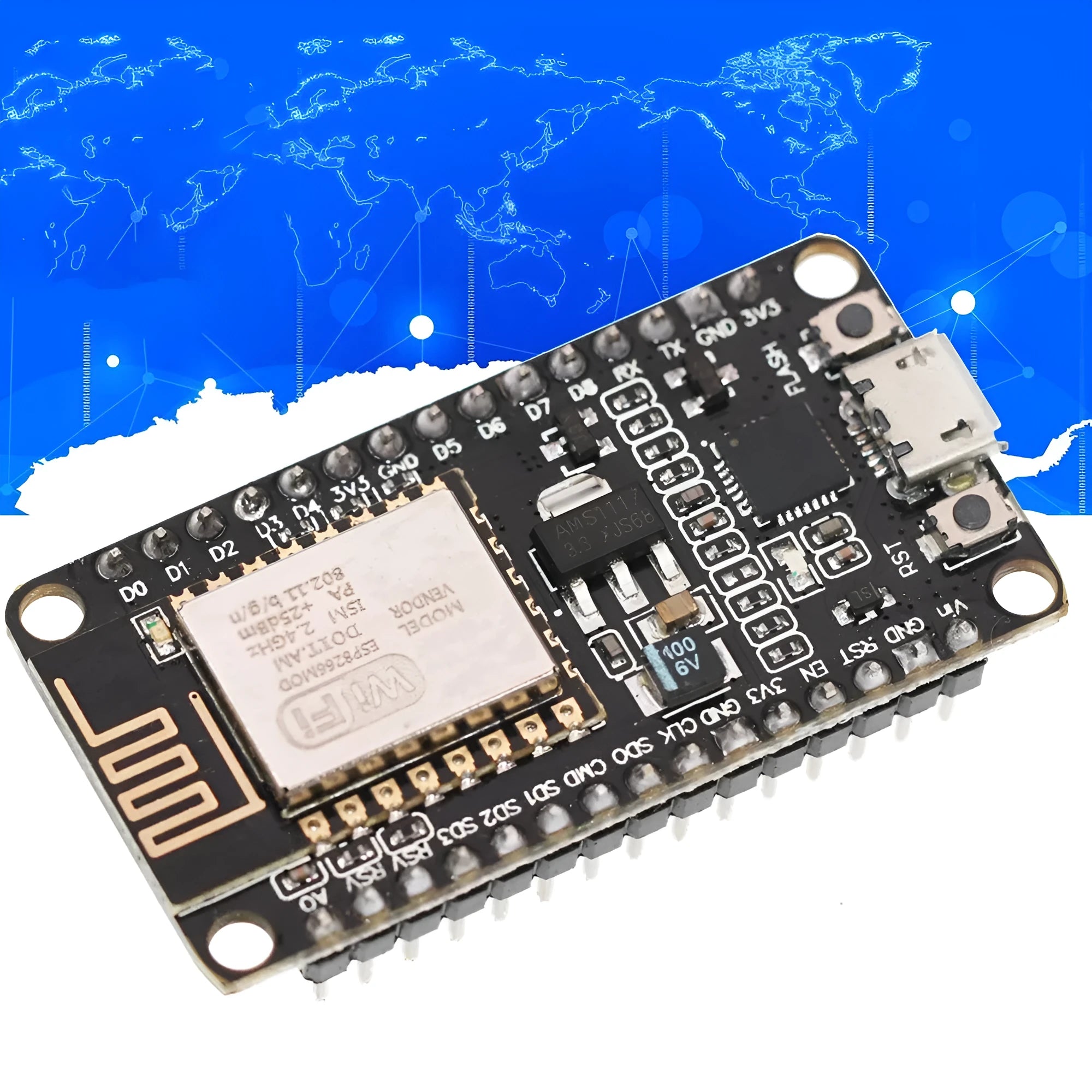 NodeMcu Lua WIFI development board with ESP8266 microcontroller and CH340G USB interface.