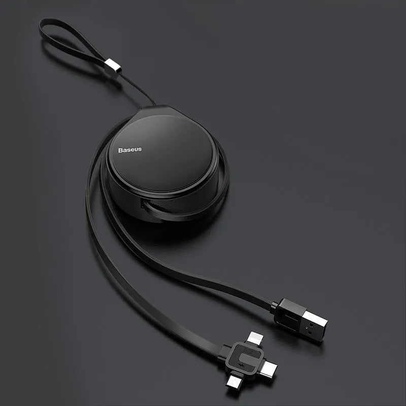 Telescopic three-in-one fast charging data cable extended to 1m, showing connectors for Lightning, micro-USB, and USB-C.