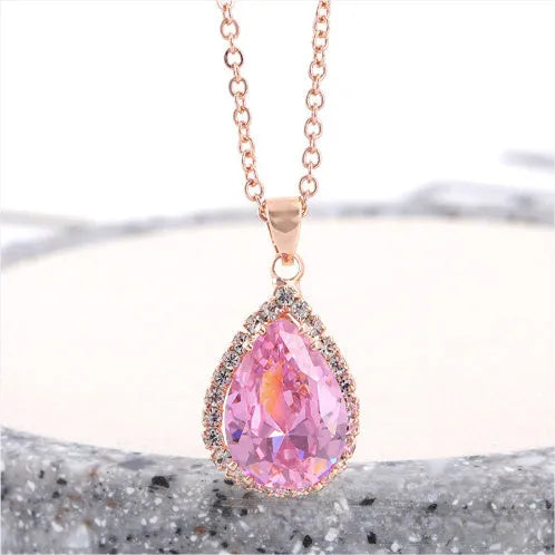 Water drop rose gold rhinestone necklace with adjustable chain and geometric pendant in multiple colours