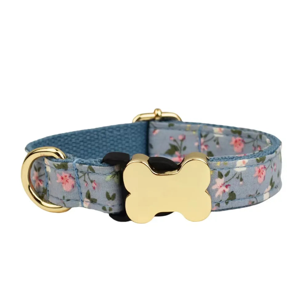 Flat nylon dog collar with printed grid pattern and bone-shaped buckle in assorted colours