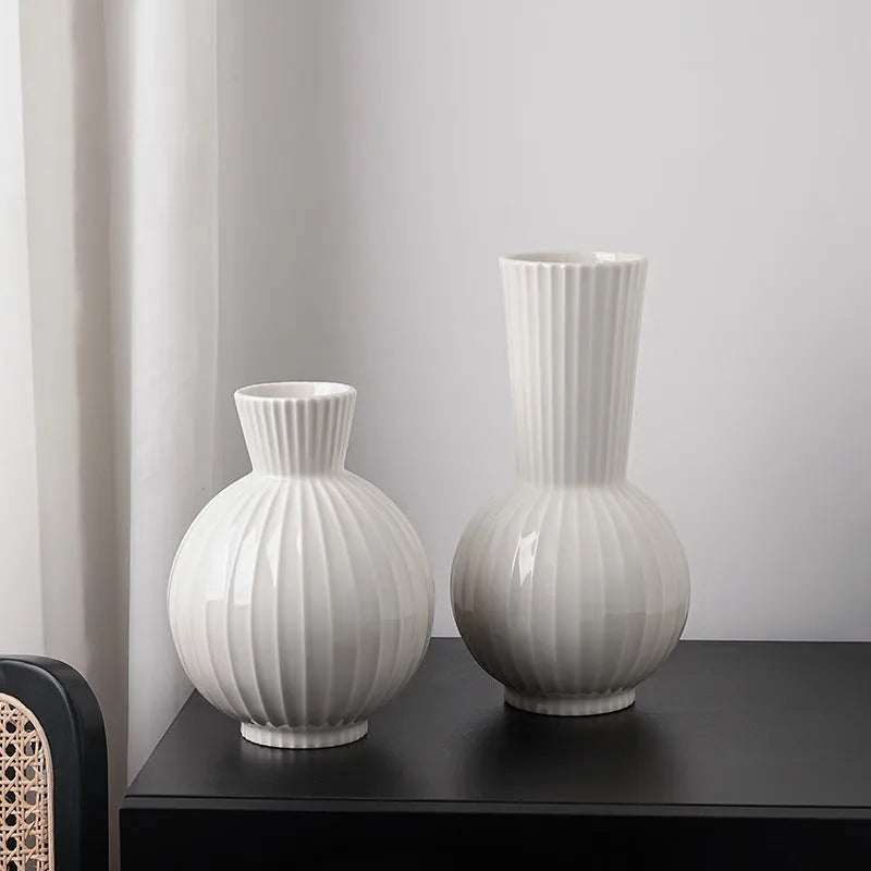 White ceramic ball vase with hand-painted blue stripes, American country style, 30cm height
