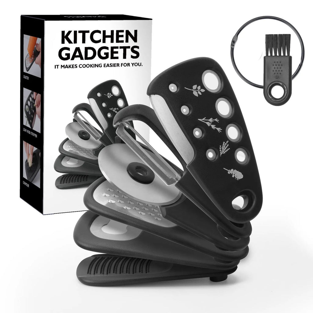 Six stackable kitchen tools with PP handles and stainless steel ends, plus cleaning brush, in colour box