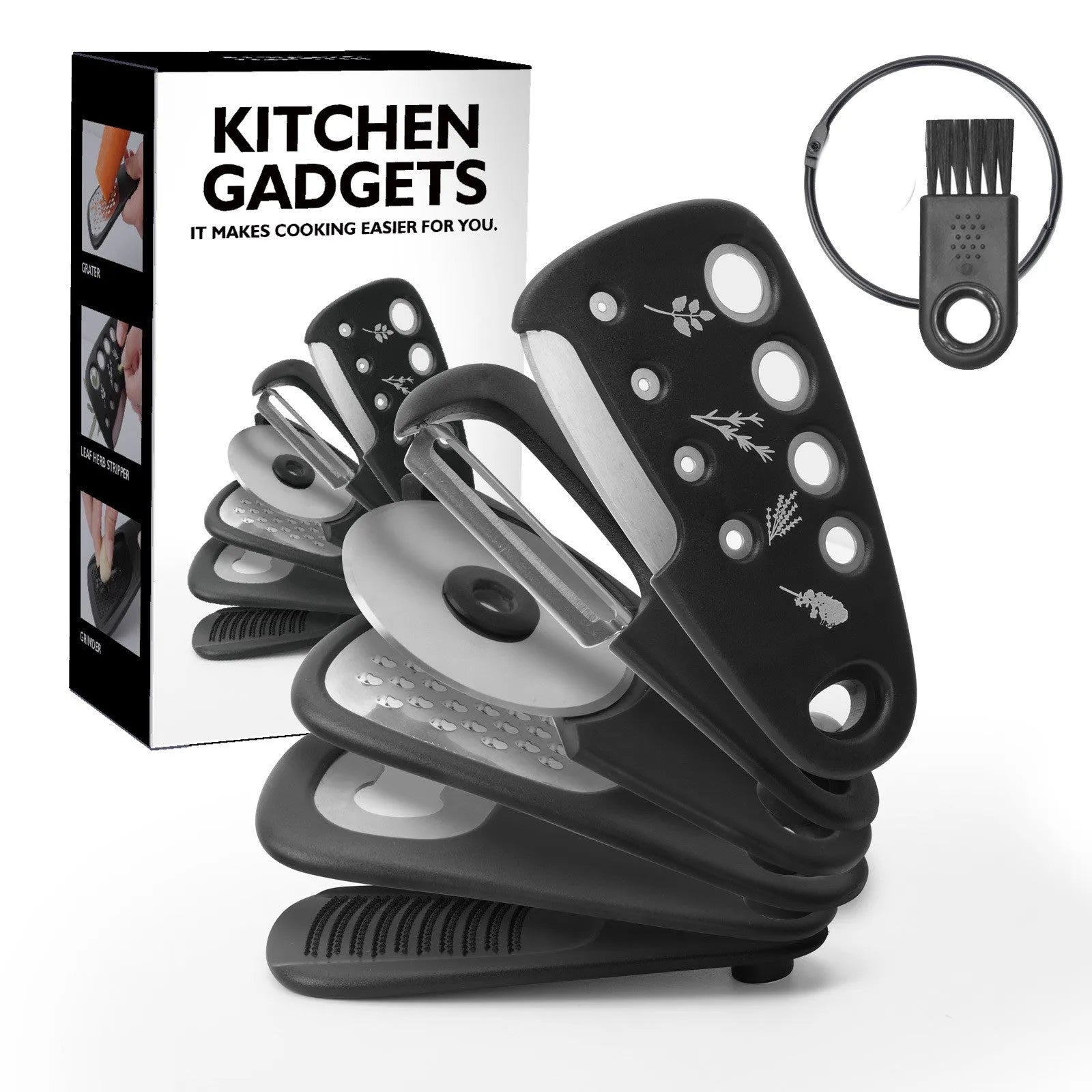 Six stackable kitchen tools with PP handles and stainless steel ends, plus cleaning brush, in colour box