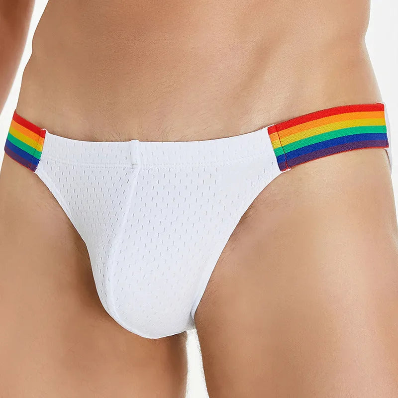 Men's low waist nylon mesh briefs with a rainbow elastic waistband, shown in a solid colour.