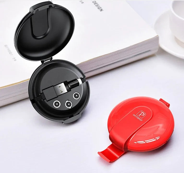 Black 3-in-1 magnetic retractable car phone charger with triple plugs and 1 metre cable