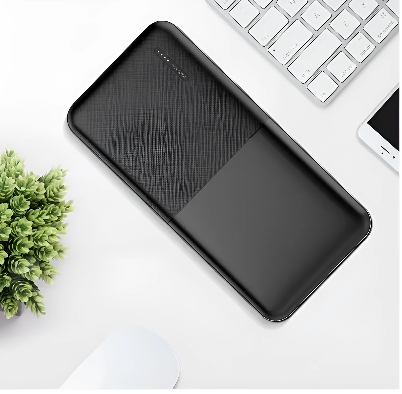 Black and white 20000 mAh power bank showing front view with USB ports
