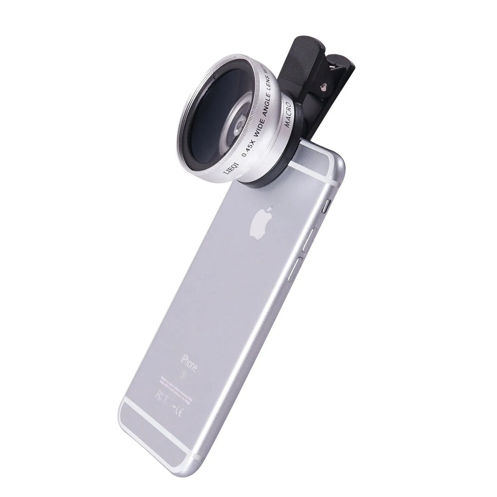 LIEQI 0.45X wide-angle macro mobile phone camera lens in black, gold, rose gold, and silver colours