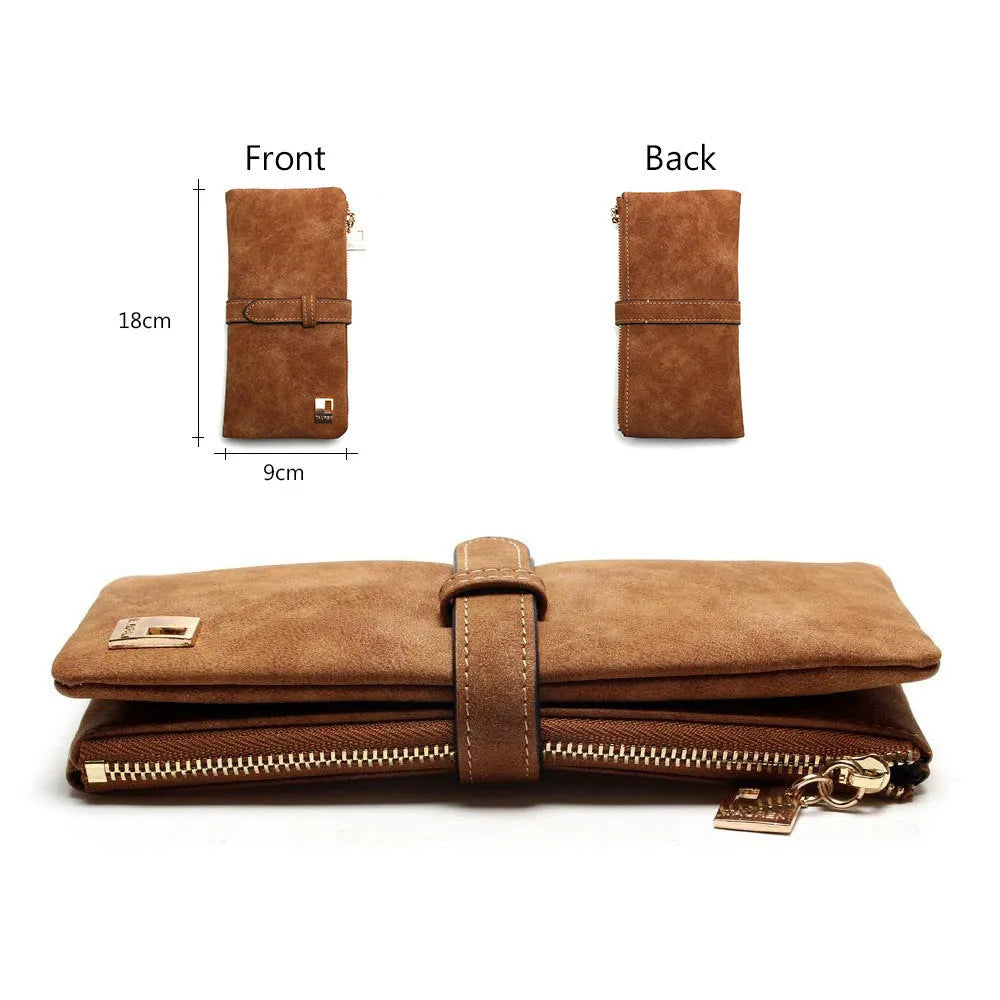 Korean-inspired retro matte leather long wallet with zip closure and RFID protection, showing inner card slots and note compartment